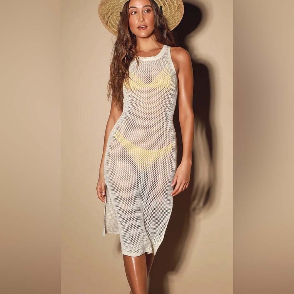 Lulus Sandy Cove Cream Sheer Crochet Swim Cover-up
